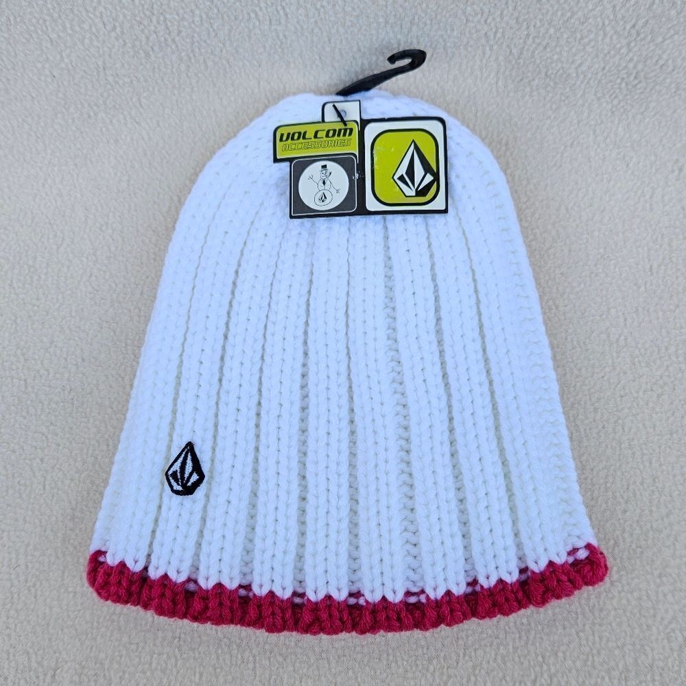 Volcom White with Hot Pink Trim Chunky Knit Beanie